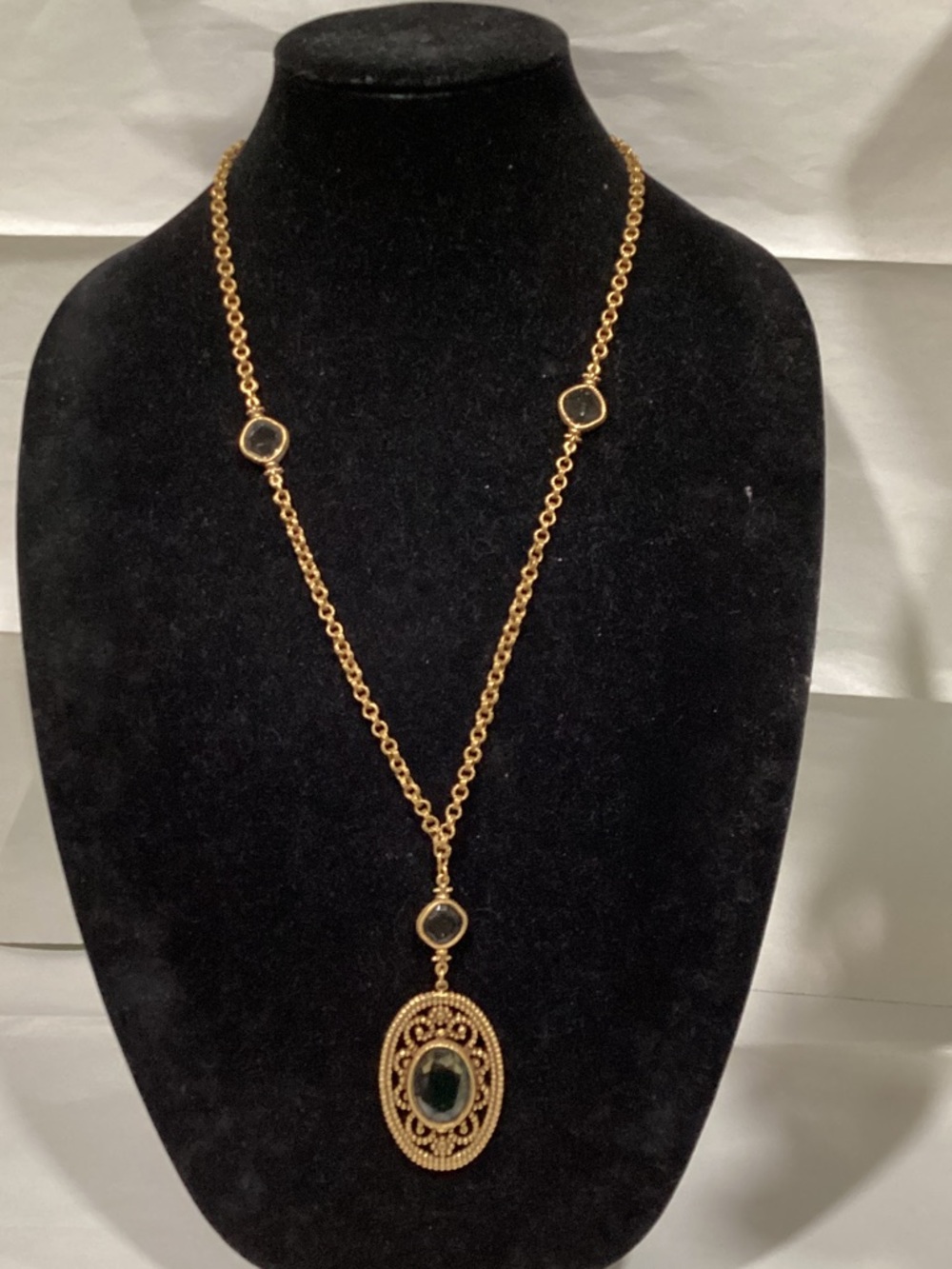 Gold-Tone Pendant Necklace with Dark Green Stones